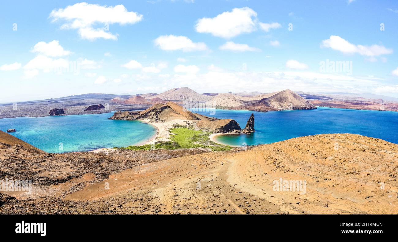 Panoramic view of ' Isla Bartolome ' at Galapagos Islands archipelago - Travel and wanderlust concept exploring world nature wonders around Ecuador - Stock Photo
