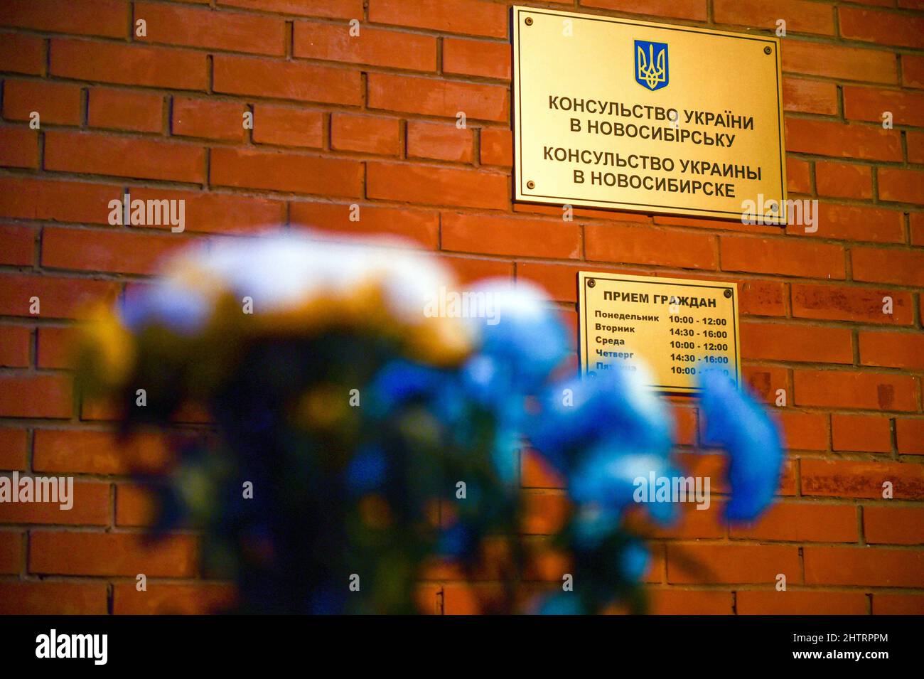 Genre photography. Continuation of the uncoordinated protest action against the special military operation of the Russian Armed Forces in Ukraine. People bring flowers to the closed Consulate of Ukraine in Novosibirsk. 02.03.2022 Russia, Novosibirsk region, Novosibirsk Photo credit: Vlad Nekrasov/Kommersant/Sipa USA Stock Photo