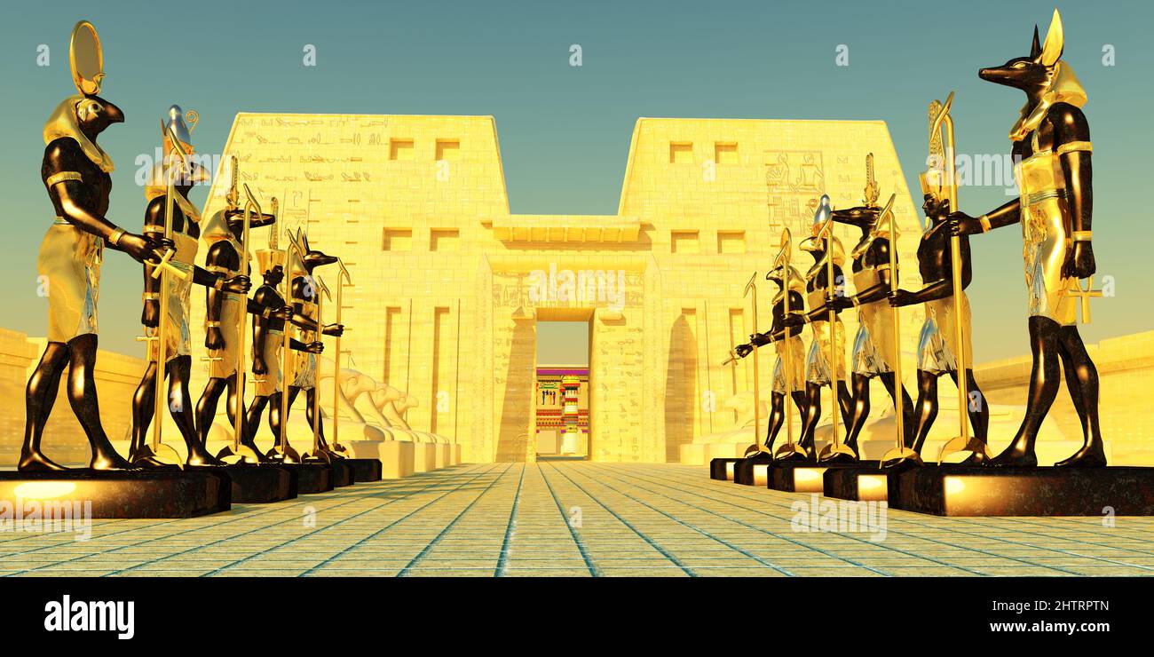Several Egyptian god statues and sphinx line the entrance to a sacred