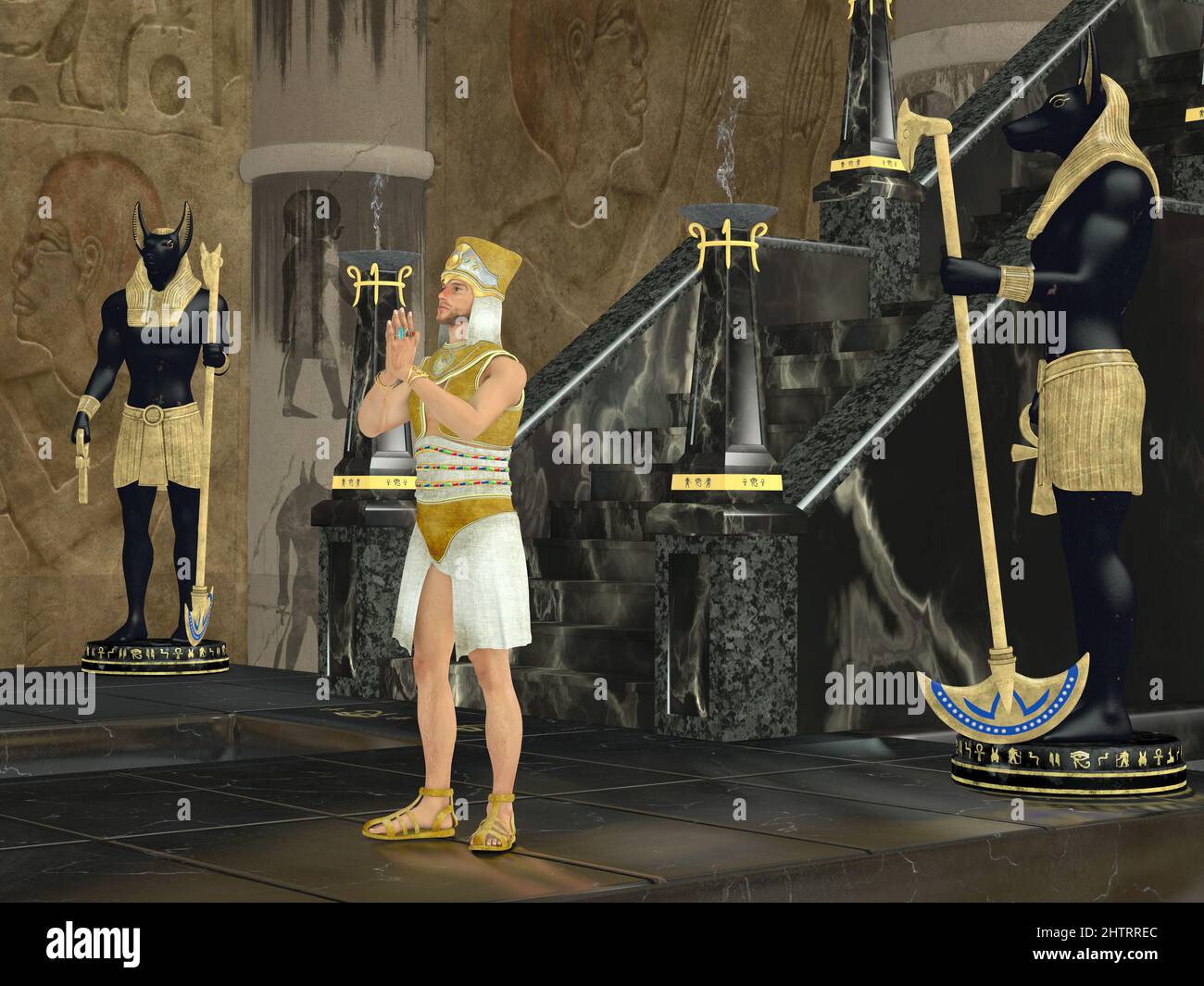 Pharaoh prays to Anubis who is the god of the afterlife in an Egyptian temple. Stock Photo