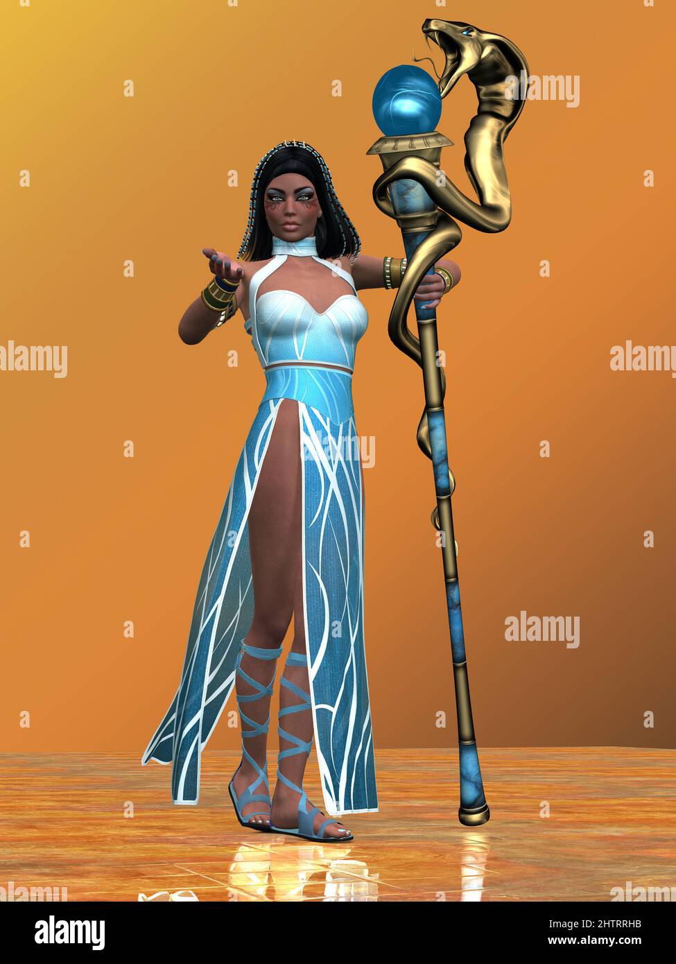 An Egyptian queen in a blue gown stands with a snake staff representing the Blue Nile river. Stock Photo