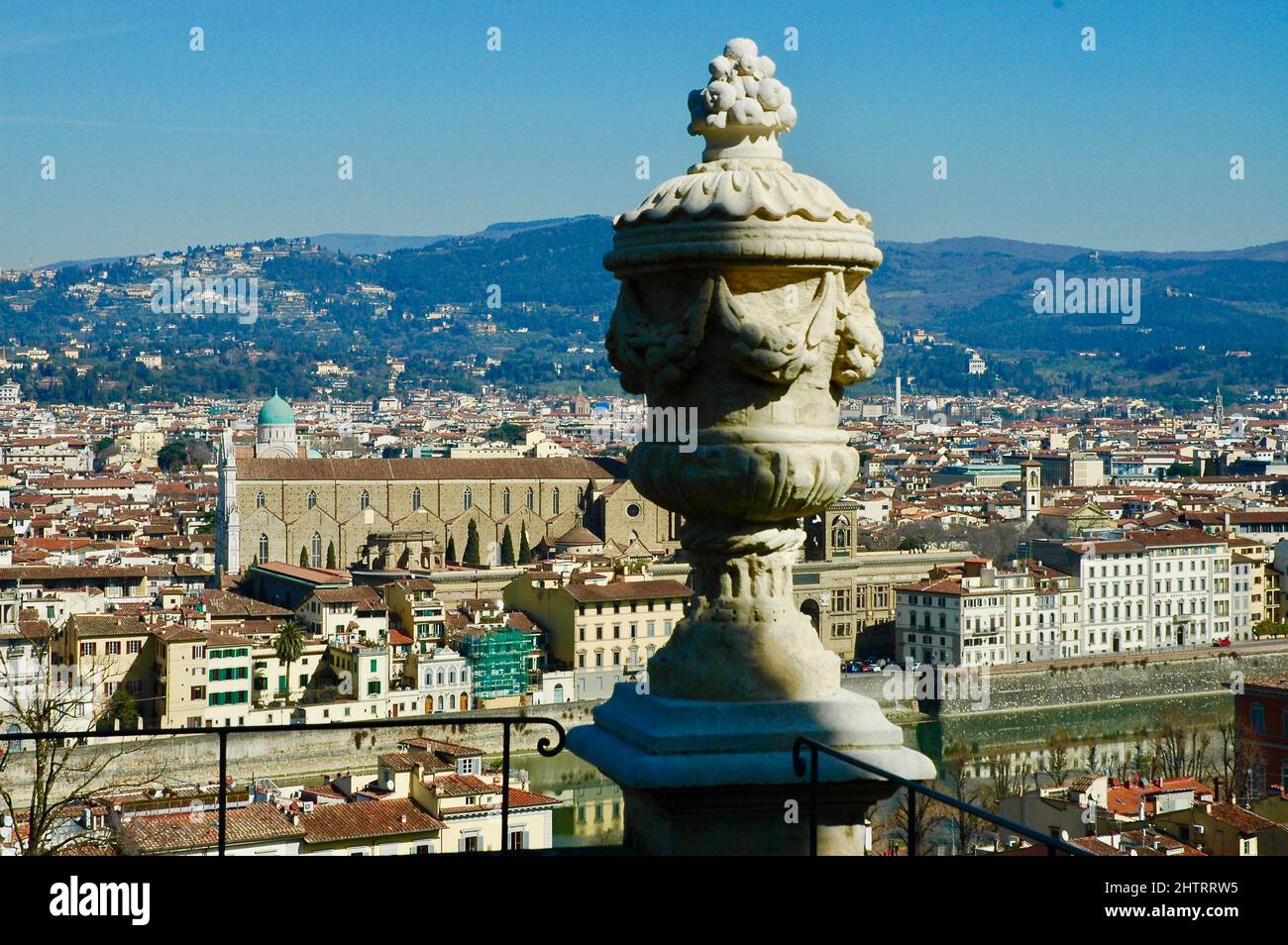 Panorama of Florence from Villa Bardini. with historical vase in the center Stock Photo