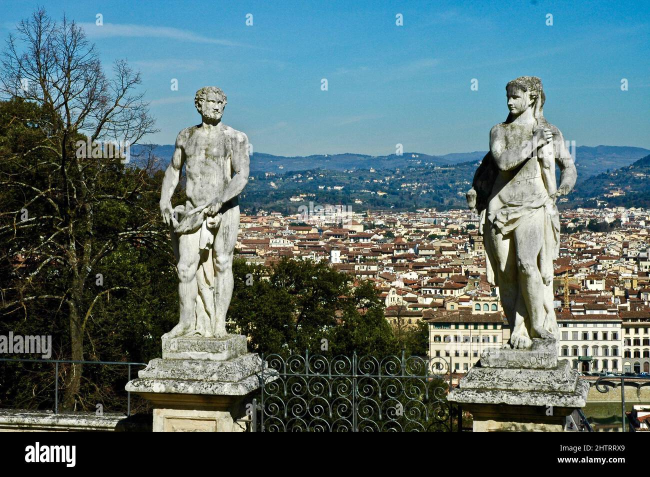 Panorama of Florence seen from Villa Bardini with surrounding ancient statues Stock Photo