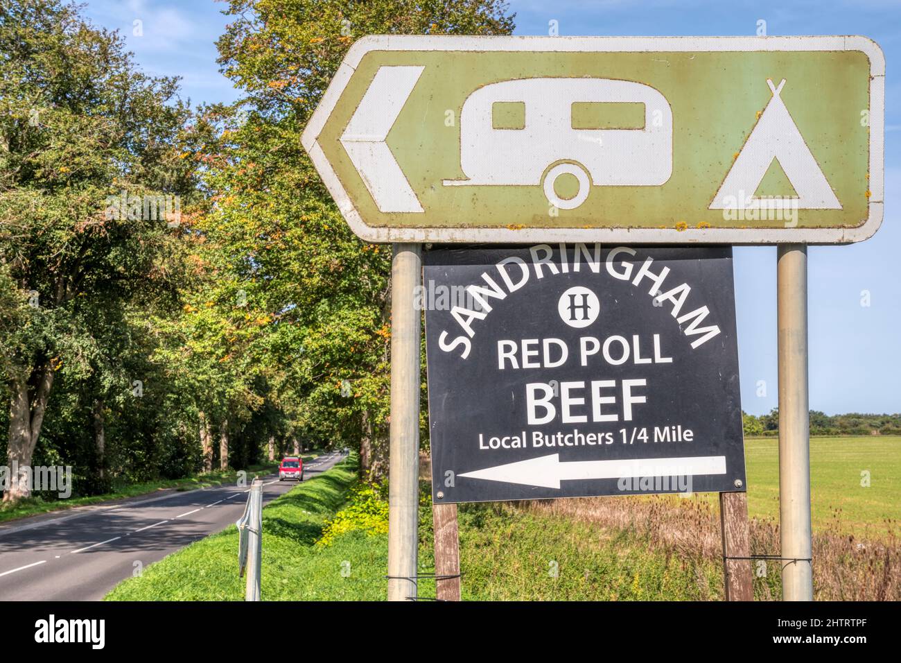 Sign for Sandringham Red Poll Beef at a butchers in West Newton on the Sandringham Estate. Stock Photo