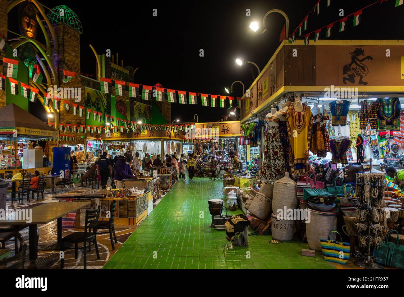 Dubai, UAE, Dec 02 2021 - African pavilion bazaar at night at Global Village, Dubai Stock Photo