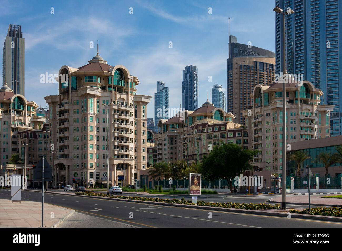 Dubai, UAE - 02 Dec 2021: Street view of modern and luxury residential buildings and hotels of Dubai, near Burj Khalifa Stock Photo