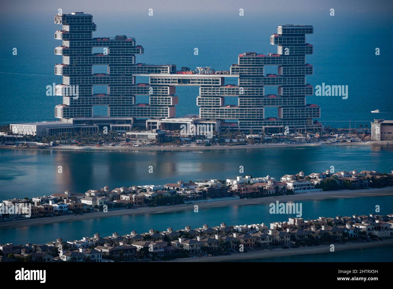 Birds eye view of the Royal Atlantis Dubai suite with the leaves of the Palm Jumeirah Dubai in the foreground; Unique buildings wallpaper Stock Photo