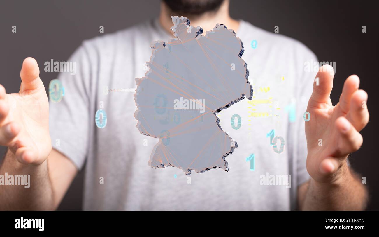 3d rendering of the map of Germany with network and data floating in ...