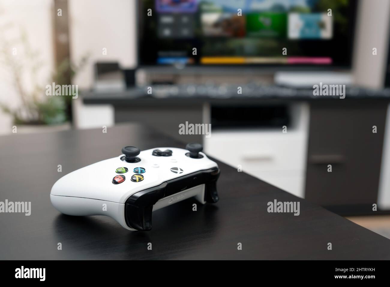 Wroclaw, Poland - JAN 12, 2022: XBOX One controller on table. XBOX 