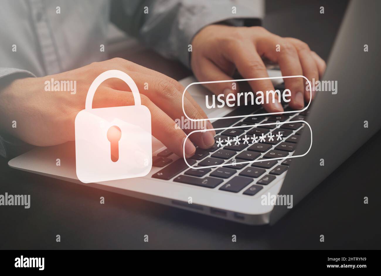 Network security concept, security systems. Hands typing on keyboard Stock Photo