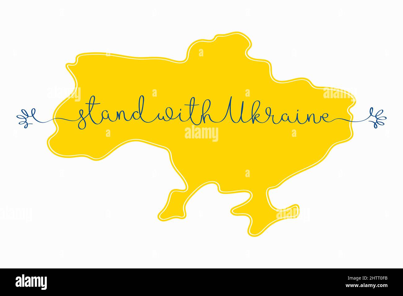 Stand with Ukraine. Vector illustration of Ukrainian map and continuous one line lettering with abstract hands isolated on white background Stock Vector