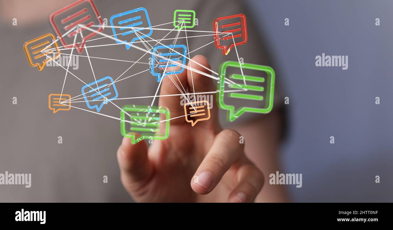 3d rendering of virtual postal envelopes and messages floating in the air Stock Photo
