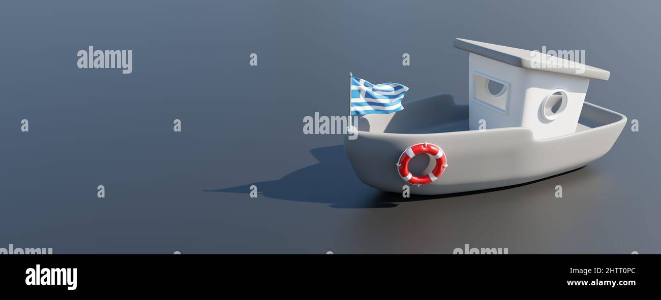 Greek flag Boat, Shipping business, sea travel and marine transportation in Greece, copy space, banner. 3d render Stock Photo