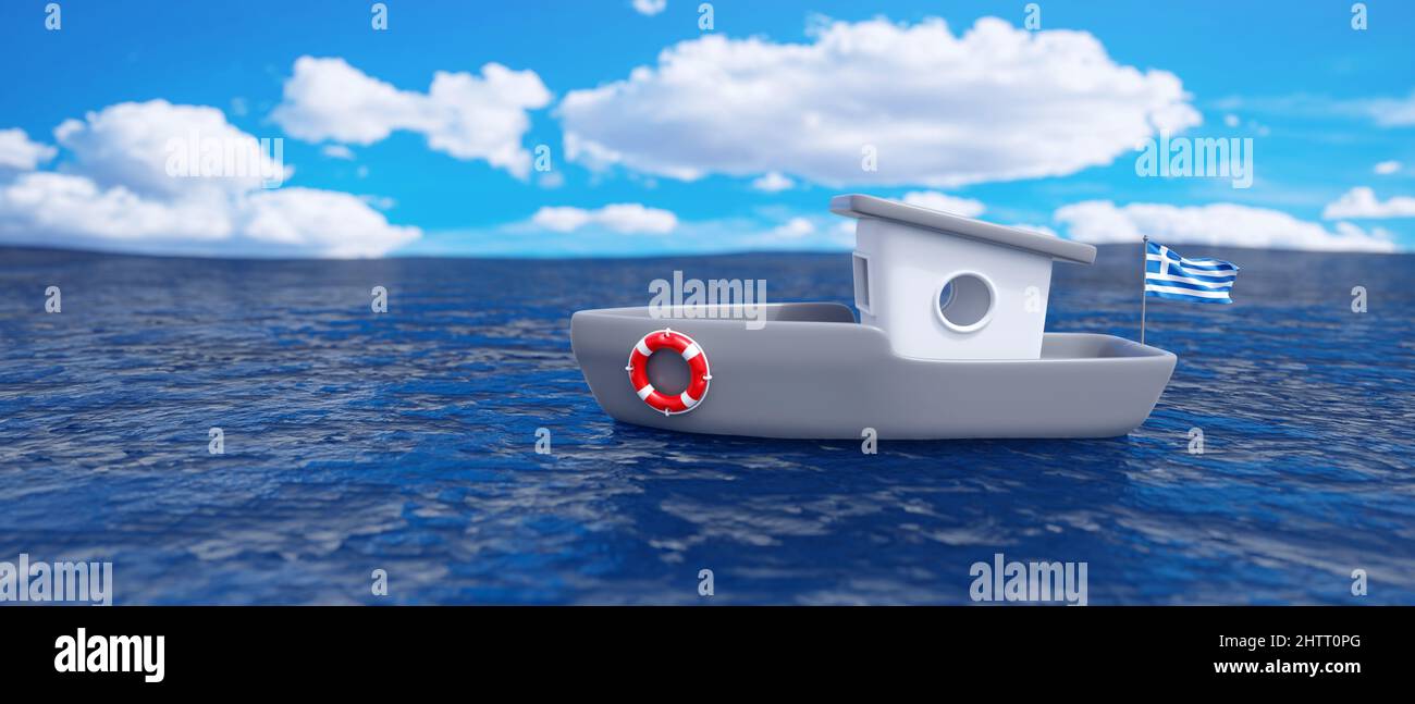 Greek flag Boat on rippled sea water surface, blue cloudy sky. Transportation and travel in Greece concept. 3d render Stock Photo