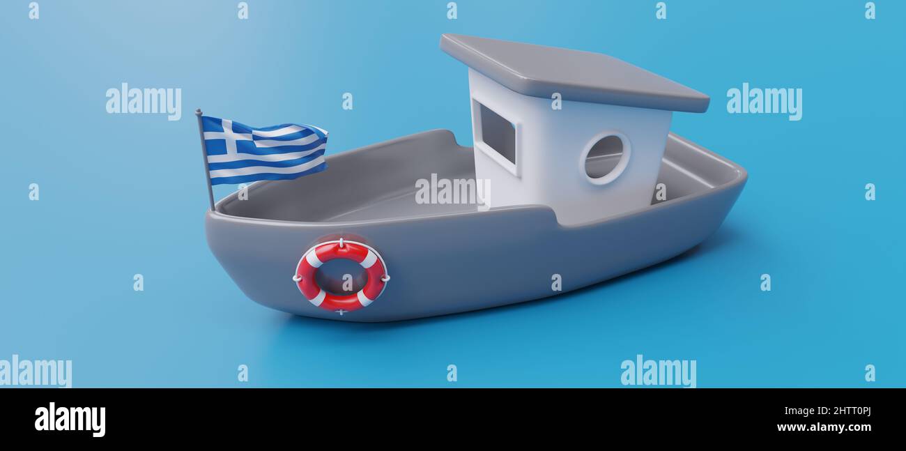 Greece Shipping business, marine transportation and sea travel. Greek flag Boat and lifebuoy on blue color background. 3d render Stock Photo