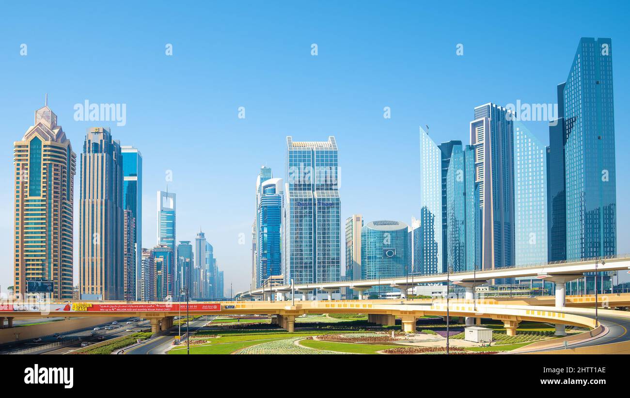 Dubai, United Arab Emirates - Sheikh Zayed Road, a 7 lane highway, showing some of Dubai's famous skyscrapers. Stock Photo