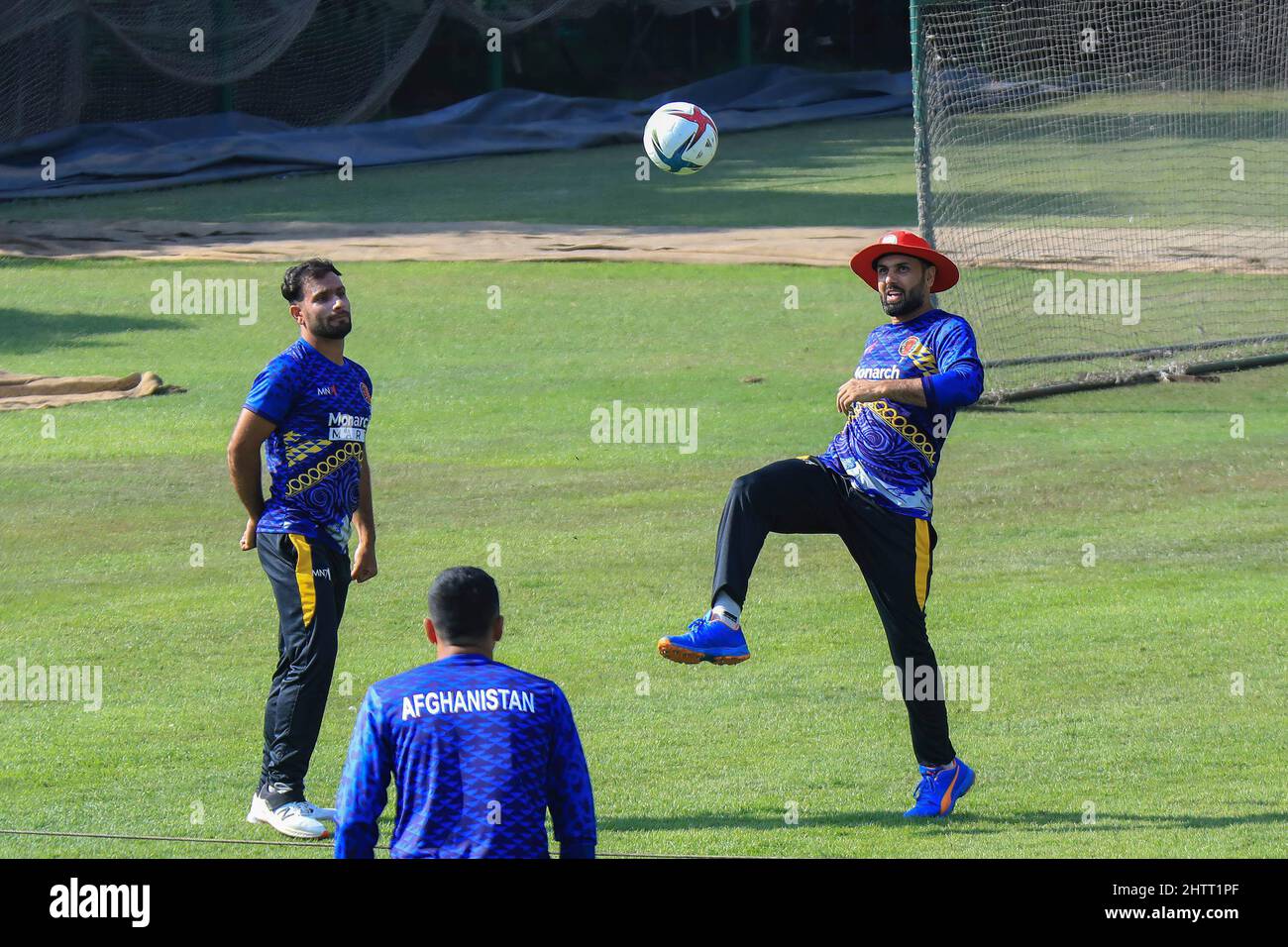 Dhaka, Bangladesh. 2nd Mar, 2022. Afghanistan National Cricket Team Player, Mohammad Nabi kicks the ball, during the practice session ahead of the T20 Series against Bangladesh at Sher-e-Bangla National Cricket Stadium. (Credit Image: © Md Manik/SOPA Images via ZUMA Press Wire) Stock Photo