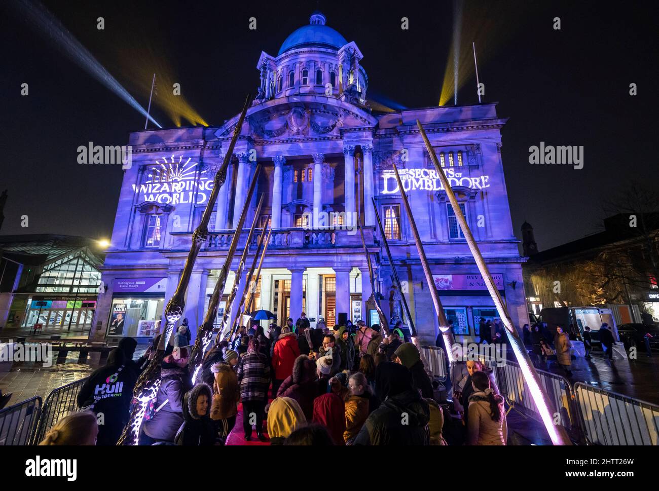 Members of the public view the Harry Potter themed Wizarding World Wand installation in Hull before it tours the UK, in the lead up to the release of Fantastic Beasts: The Secrets of Dumbledore. Picture date: Wednesday March 2, 2022. Stock Photo
