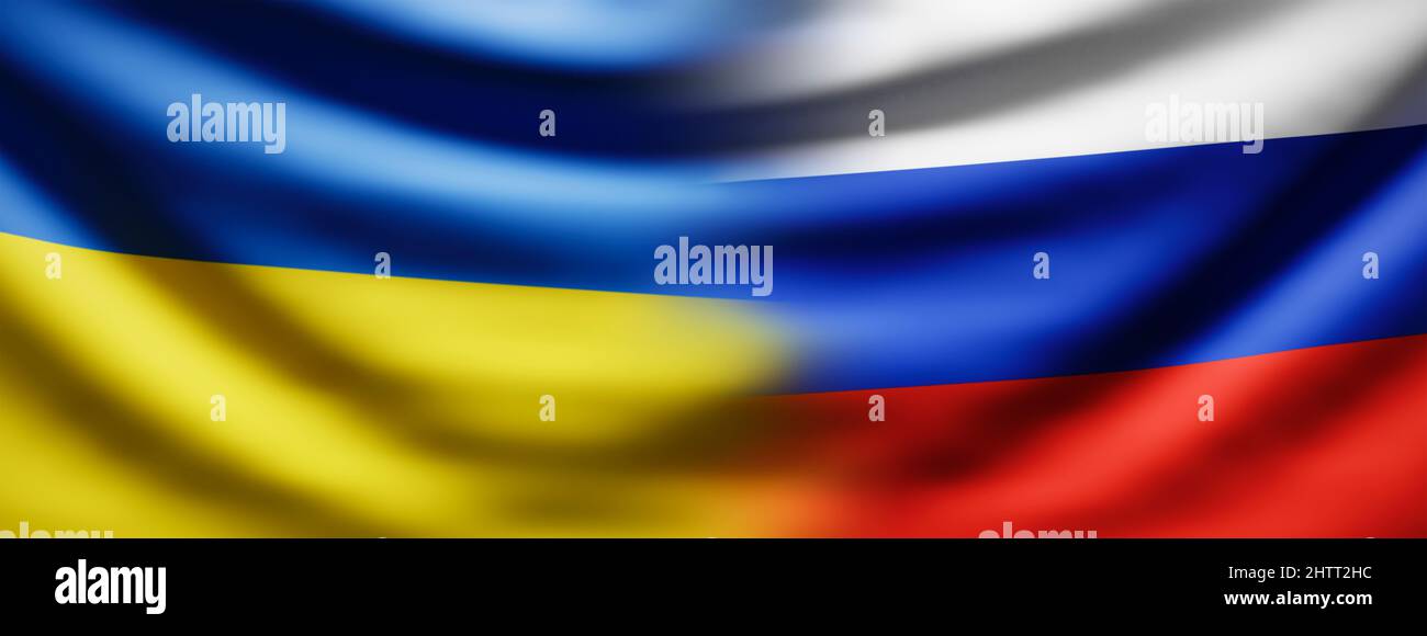 Ukraine and Russia conflict. Ukrainian and Russian flag depict tensions, crisis, attacked borders and war between Kyew and Moscow. Stock Photo