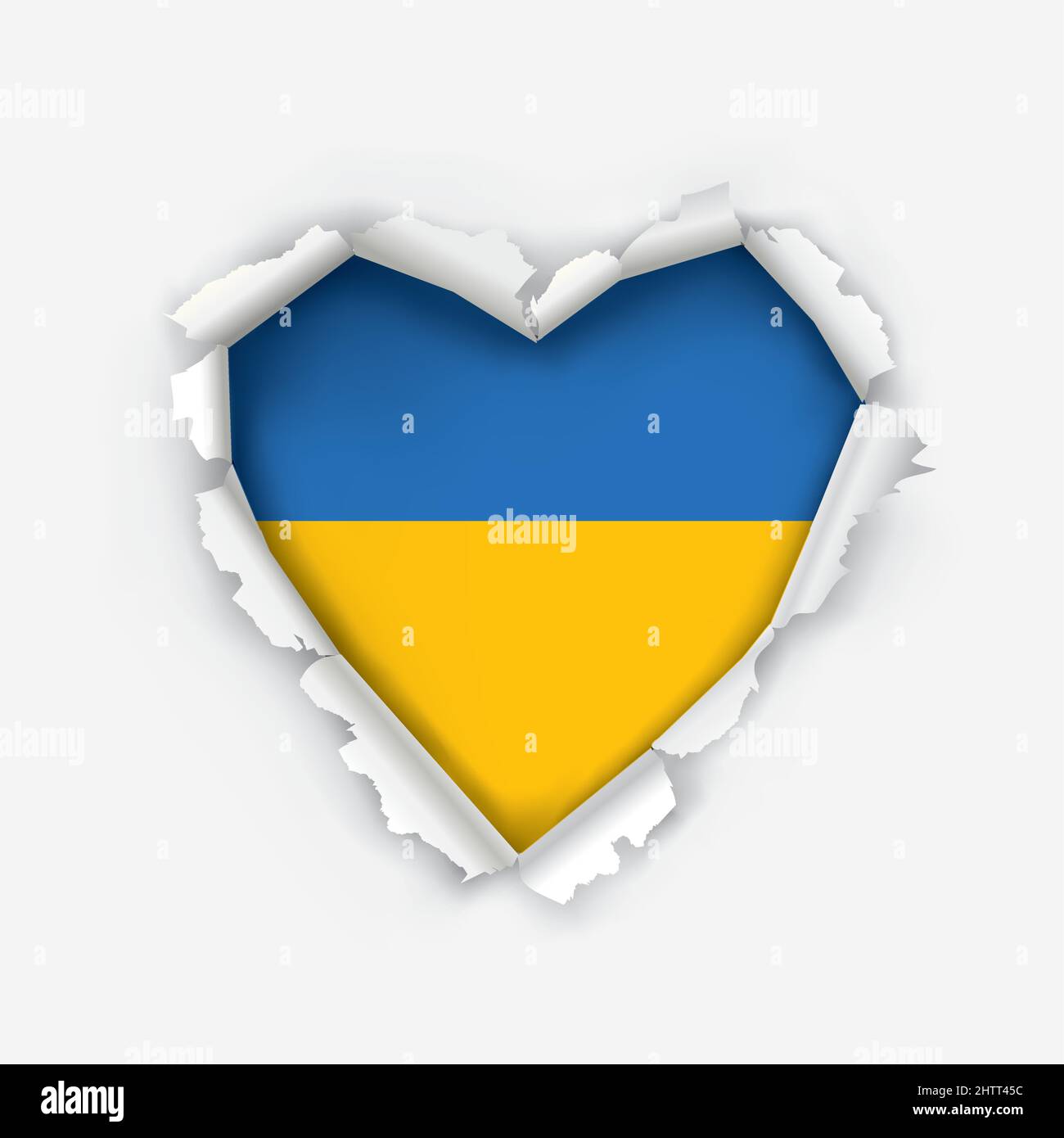 Torn paper heart with Ukrainian flag. Illustration of a hole in white paper in the shape of heart with Ukrainian flag. Isolated on white background. Stock Vector