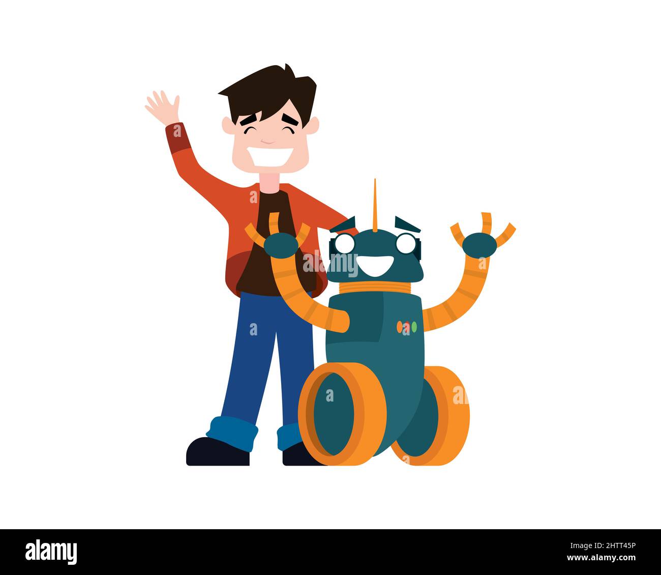 a Boy and Robot Greeting with Happy Expression Illustration Vector Stock Vector