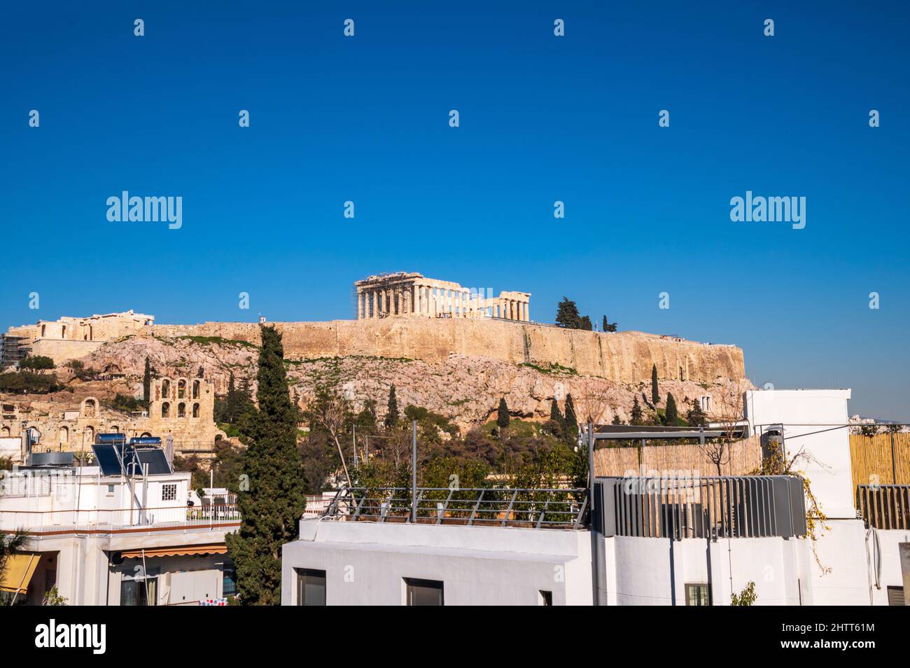 The Acropolis of Athens, Greece and rooftops of apartment buildings