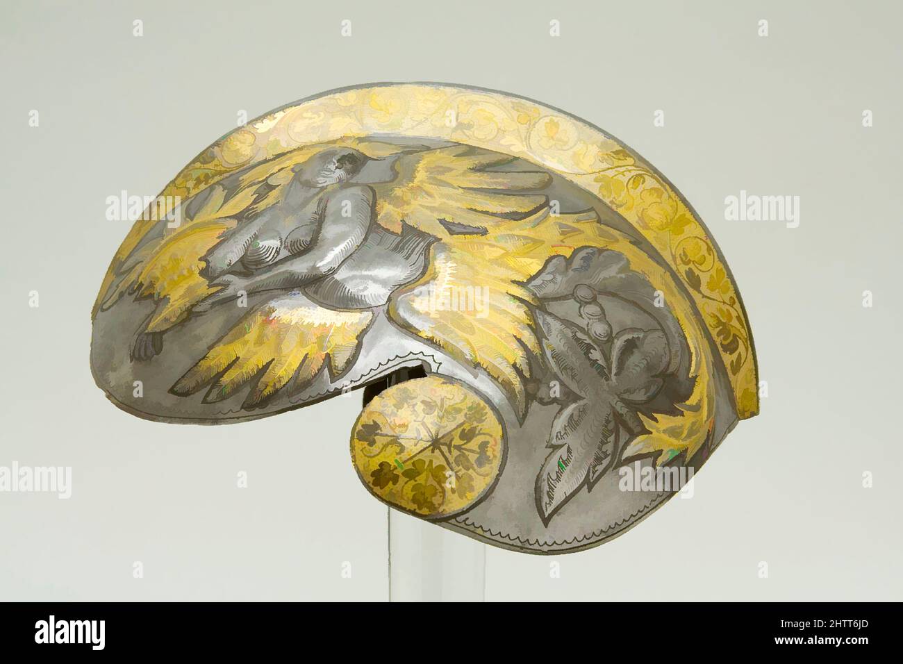 Art inspired by Reinforce for a Helmet (Gupfe), 1549–50, Augsburg, German, Augsburg, Steel, gold, H. 5 5/8 in. (14.3 cm); W. 8 11/16 in. (22.1 cm); D. 9 1/8 in. (23.2 cm); Wt. 1 lb. 5 oz. (595 g), Helmets, This exquisitely decorated plate fit as a reinforce over the bowl of a helmet, Classic works modernized by Artotop with a splash of modernity. Shapes, color and value, eye-catching visual impact on art. Emotions through freedom of artworks in a contemporary way. A timeless message pursuing a wildly creative new direction. Artists turning to the digital medium and creating the Artotop NFT Stock Photo