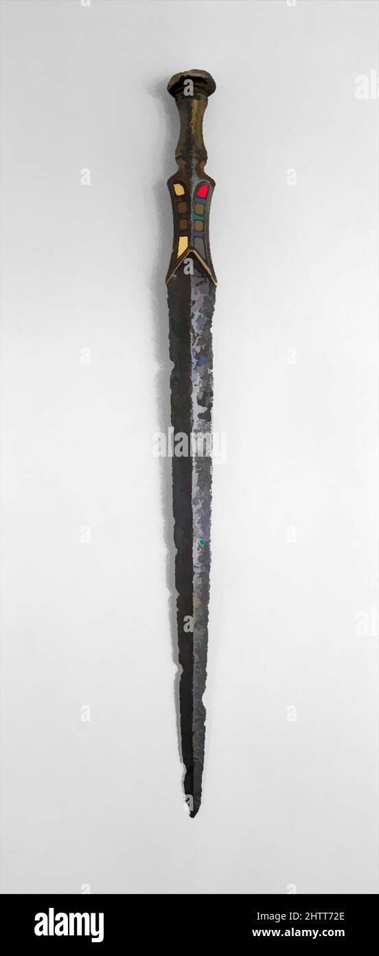 Art inspired by Short Sword (Duan Jian), ca. 4th–1st century B.C., Xinjiang, Eastern Central Asia, Steel, bronze, gold, L. 26 3/8 in. (67 cm); W. 2 in. (5.1 cm); Wt. 1 lb. 6.5 oz. (637.9 g), Swords, From its inception in the third millennium B.C., the sword served equally as a weapon, Classic works modernized by Artotop with a splash of modernity. Shapes, color and value, eye-catching visual impact on art. Emotions through freedom of artworks in a contemporary way. A timeless message pursuing a wildly creative new direction. Artists turning to the digital medium and creating the Artotop NFT Stock Photo