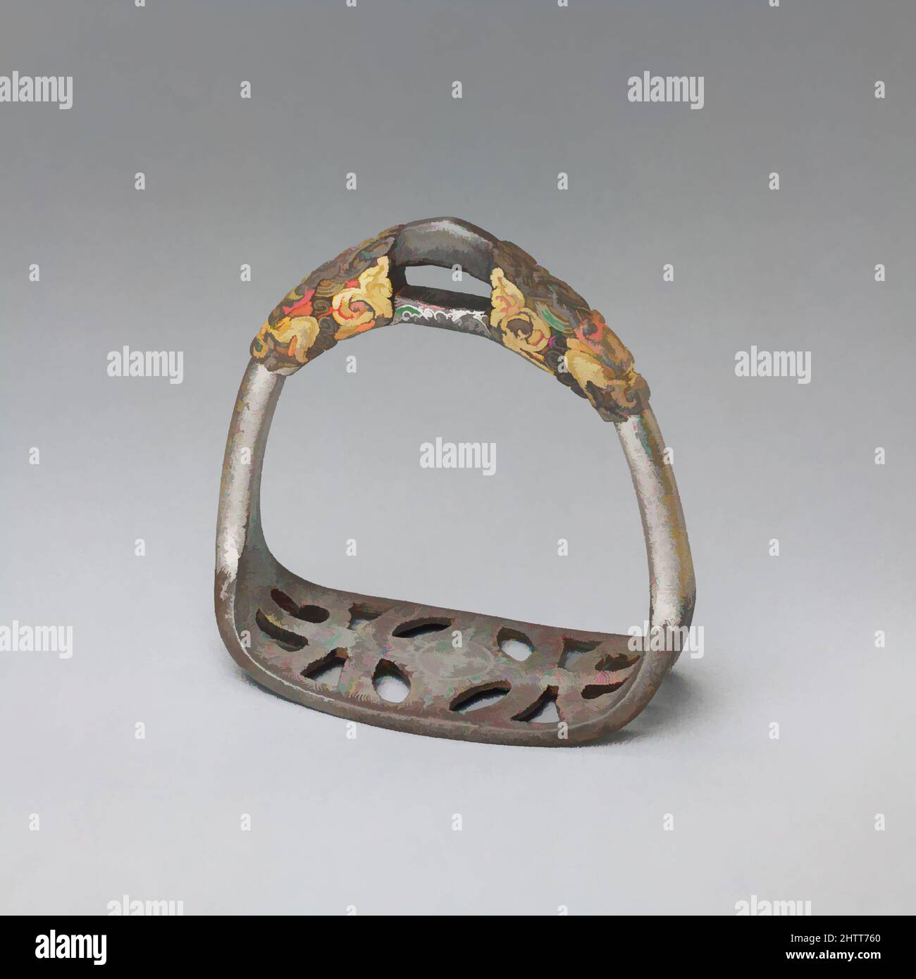 Art inspired by Stirrup, 15th–18th century, Tibetan, Iron, gold, silver, H. 4 1/2 in. (11.9 cm), Equestrian Equipment-Stirrups, Classic works modernized by Artotop with a splash of modernity. Shapes, color and value, eye-catching visual impact on art. Emotions through freedom of artworks in a contemporary way. A timeless message pursuing a wildly creative new direction. Artists turning to the digital medium and creating the Artotop NFT Stock Photo