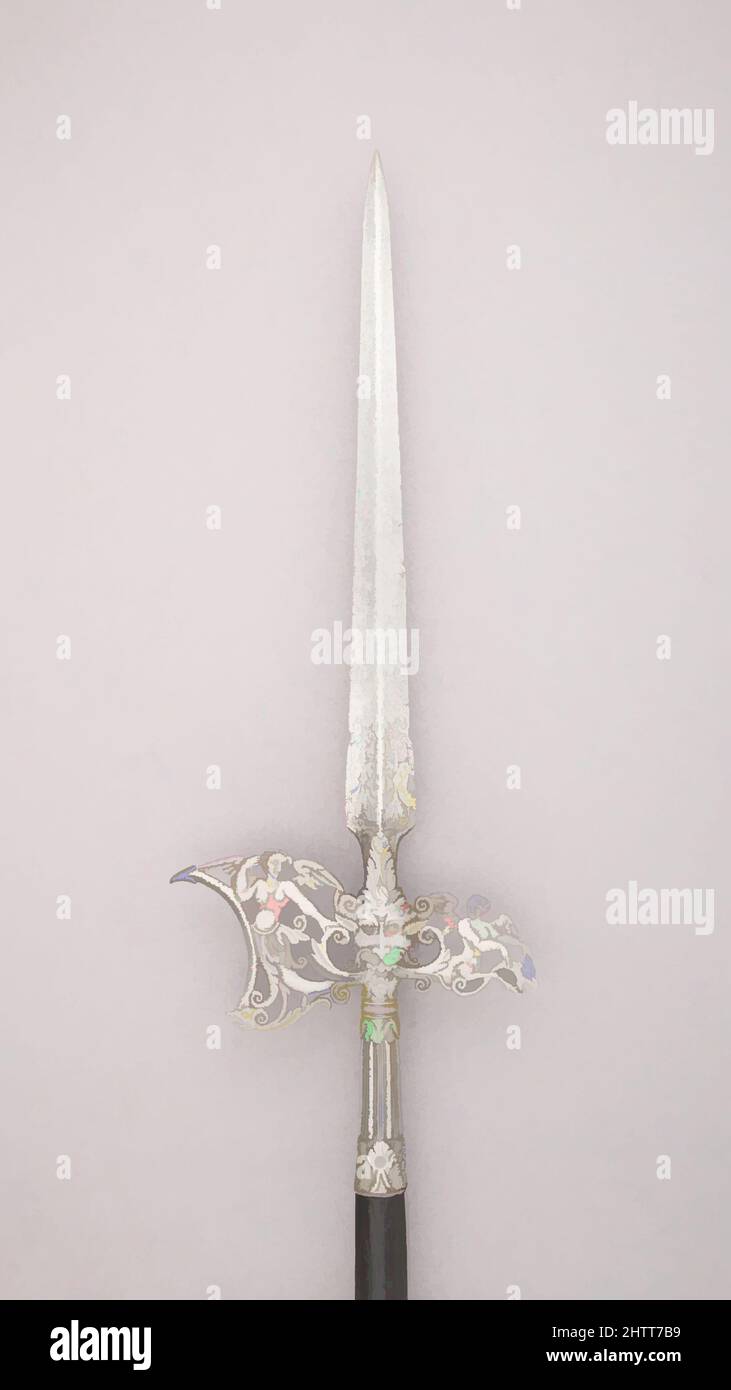 Art inspired by Halberd, ca. 1590, Italian, Steel, wood, L. 9 ft. 3/4 in. (276.2 cm); L. of head 26 1/8 in. (66.4 cm); W. 9 5/8 in. (24.5 cm); Wt. 6 lbs. 9.2 oz. (2982.4 g), Shafted Weapons, Classic works modernized by Artotop with a splash of modernity. Shapes, color and value, eye-catching visual impact on art. Emotions through freedom of artworks in a contemporary way. A timeless message pursuing a wildly creative new direction. Artists turning to the digital medium and creating the Artotop NFT Stock Photo