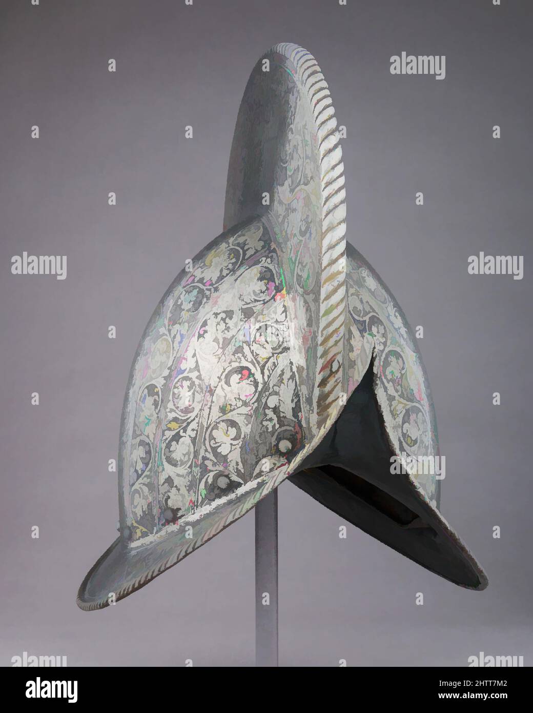 Art inspired by Morion, ca. 1575, French, Steel, leather, H. 13 1/16 in. (33.2 cm); W. 9 11/16 in. (24.6 cm); D. 13 1/2 in. (34.3 cm); Wt. 3 lb. 15 oz. (1773 g), Helmets, Classic works modernized by Artotop with a splash of modernity. Shapes, color and value, eye-catching visual impact on art. Emotions through freedom of artworks in a contemporary way. A timeless message pursuing a wildly creative new direction. Artists turning to the digital medium and creating the Artotop NFT Stock Photo