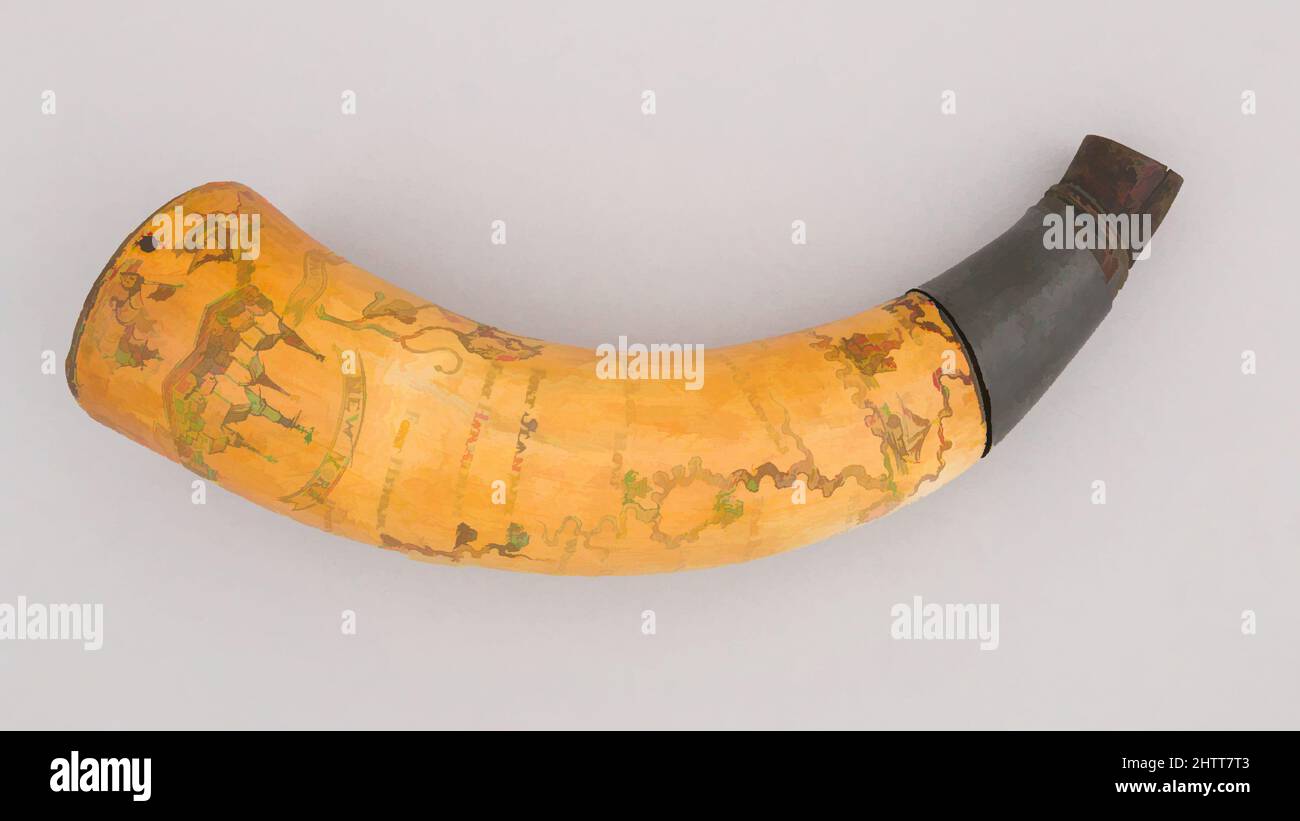 Art inspired by Powder Horn, 18th century, American, Horn, L. 11 in. (27.9 cm); Diam. 2 3/4 in. (7 cm); Wt. 9.2 oz. (260.8 g), Firearms Accessories-Powder Horns, Classic works modernized by Artotop with a splash of modernity. Shapes, color and value, eye-catching visual impact on art. Emotions through freedom of artworks in a contemporary way. A timeless message pursuing a wildly creative new direction. Artists turning to the digital medium and creating the Artotop NFT Stock Photo