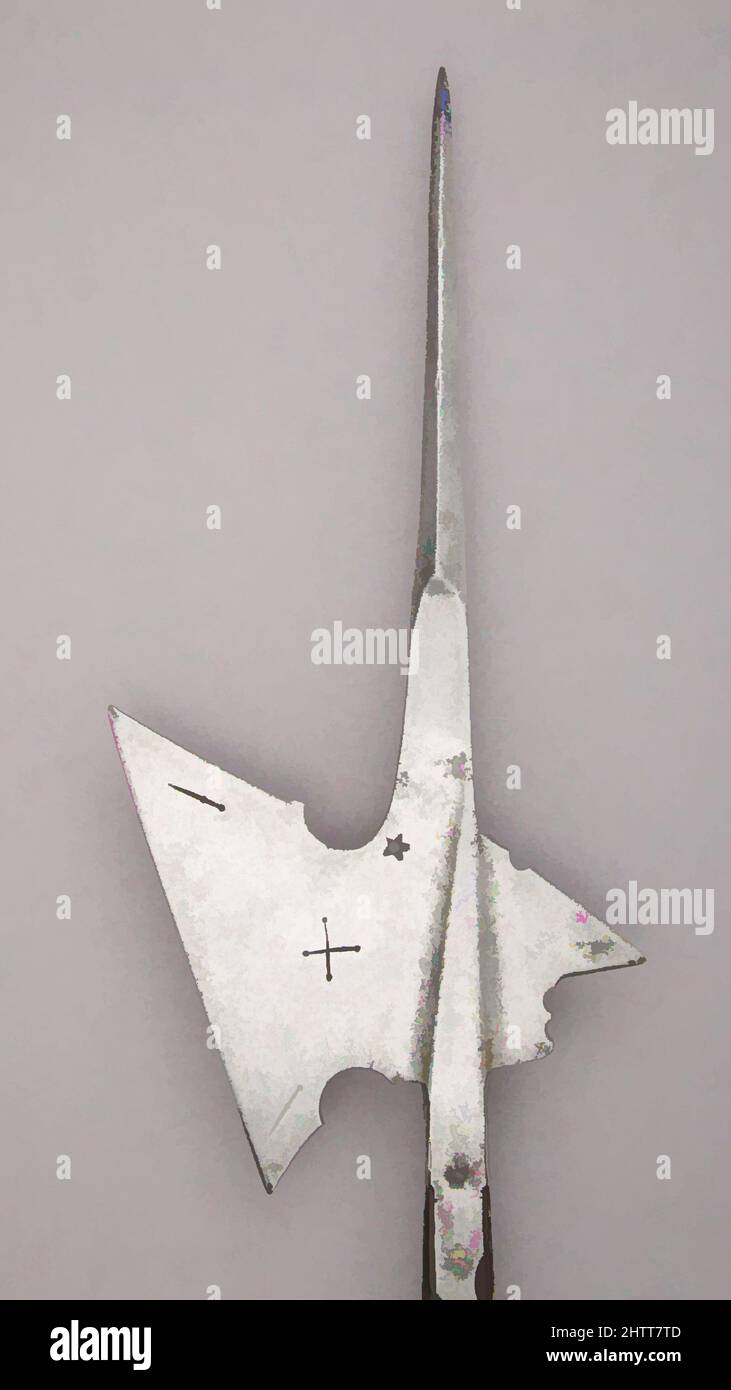 Art inspired by Halberd, early 16th century, German, Steel, wood (oak), L. 89 1/4 in. (226.6 cm); L. of head 18 3/8 in. (46.6 cm); W. 9 1/2 in. (24.1 cm); Wt. 4 lbs. 13 oz. (2180 g), Shafted Weapons, Classic works modernized by Artotop with a splash of modernity. Shapes, color and value, eye-catching visual impact on art. Emotions through freedom of artworks in a contemporary way. A timeless message pursuing a wildly creative new direction. Artists turning to the digital medium and creating the Artotop NFT Stock Photo