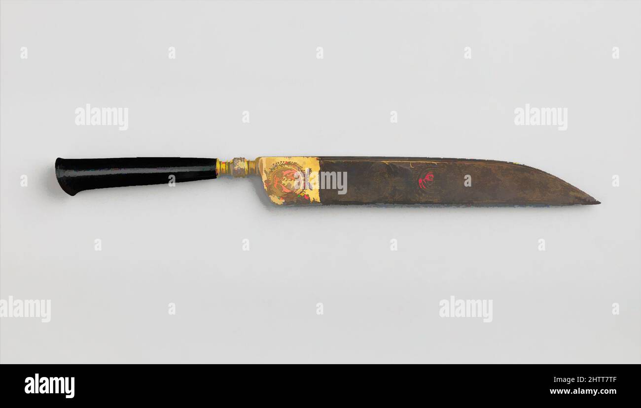 Art inspired by Knife, 17th century, Italian, Steel, wood (ebony), gold, L. 11 9/16 in. (29.3 cm); L. of blade 7 1/4 in. (18.4 cm); W. 1 1/16 in. (2.7 cm); W. of blade 1 1/16 in. (2.7 cm); thickness of blade 1/8 in. (0.3 cm); Wt. 2.8 oz. (80 g), Knives, Classic works modernized by Artotop with a splash of modernity. Shapes, color and value, eye-catching visual impact on art. Emotions through freedom of artworks in a contemporary way. A timeless message pursuing a wildly creative new direction. Artists turning to the digital medium and creating the Artotop NFT Stock Photo