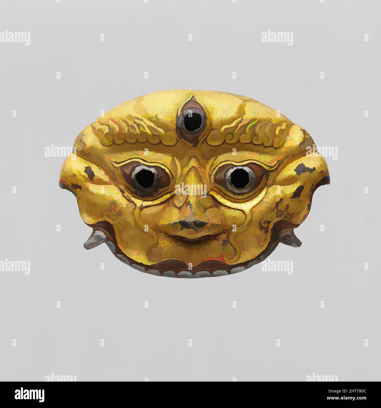 Art inspired by Sword Guard, 14th–15th century, Tibetan or Chinese, Iron, gold, silver, copper, H. 3 1/4 in. (8.3 cm); W. 4 3/4 in. (12.1 cm), Swords, Depicting the face of a wrathful Tibetan Buddhist guardian deity, this extremely rare sword guard was originally part of a complete and, Classic works modernized by Artotop with a splash of modernity. Shapes, color and value, eye-catching visual impact on art. Emotions through freedom of artworks in a contemporary way. A timeless message pursuing a wildly creative new direction. Artists turning to the digital medium and creating the Artotop NFT Stock Photo