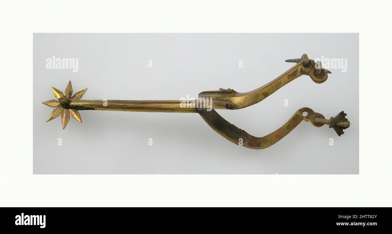 Art inspired by Pair of Rowel Spurs, 15th century, French, Copper, gold, L. of each 8 7/8 in. (22.6 cm); W. of each 3 3/4 in. (9.5 cm); D. of each 1 7/16 in. (3.7 cm), Equestrian Equipment-Spurs, Classic works modernized by Artotop with a splash of modernity. Shapes, color and value, eye-catching visual impact on art. Emotions through freedom of artworks in a contemporary way. A timeless message pursuing a wildly creative new direction. Artists turning to the digital medium and creating the Artotop NFT Stock Photo