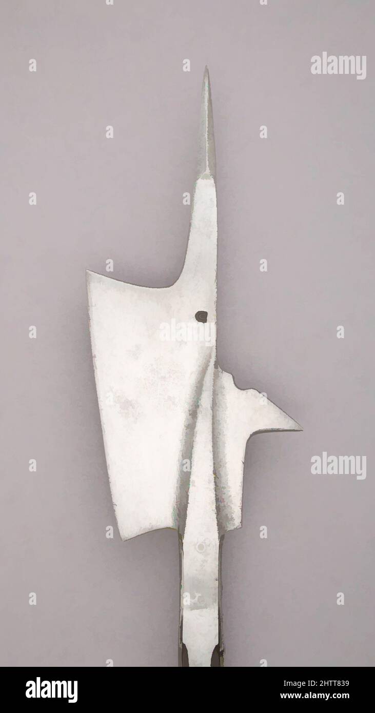 Art inspired by Halberd, mid-15th century, Swiss, Steel, wood (oak), iron, L. 88 1/2 in. (224.7 cm); L. of head 16 1/4 in. (41.3 cm); W. 7 5/8 in. (19.3 cm); Wt. 6 lbs. 2 oz. (2780 g), Shafted Weapons, Classic works modernized by Artotop with a splash of modernity. Shapes, color and value, eye-catching visual impact on art. Emotions through freedom of artworks in a contemporary way. A timeless message pursuing a wildly creative new direction. Artists turning to the digital medium and creating the Artotop NFT Stock Photo