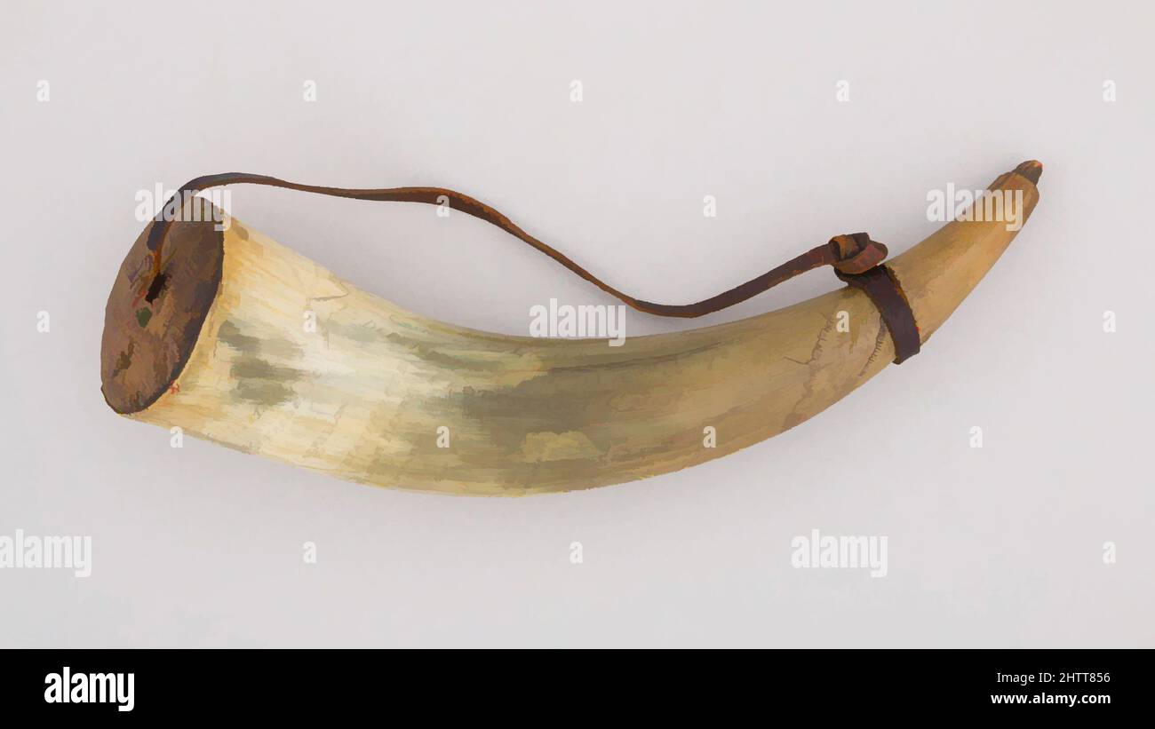 Art inspired by Powder Horn, 18th century, New York, American, Horn (cow), wood, leather, L. 12 in. (30.5 cm); Diam. 3 1/4 in. (8.3 cm); Wt. 5.1 oz. (144.6 g), Firearms Accessories-Powder Horns, This powder horn is engraved with a map of the Hudson River Valley and the royal arms of, Classic works modernized by Artotop with a splash of modernity. Shapes, color and value, eye-catching visual impact on art. Emotions through freedom of artworks in a contemporary way. A timeless message pursuing a wildly creative new direction. Artists turning to the digital medium and creating the Artotop NFT Stock Photo