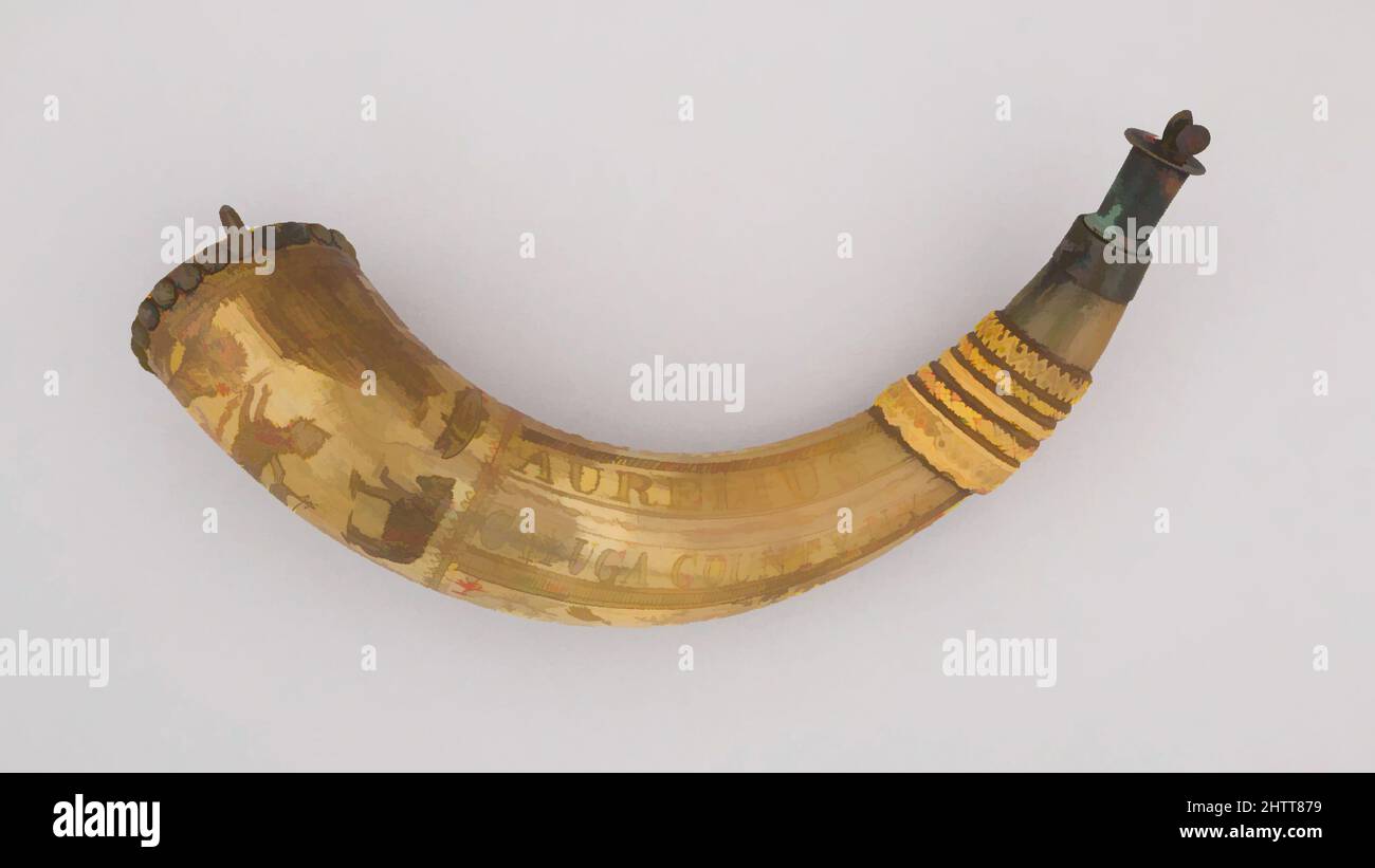 Art inspired by Powder Horn, 1813, Aurelius, New York, American, Aurelius, Cayuga County, New York, Horn (cow), brass, wood, L. 12 3/8 in. (31.4 cm); Diam. 3 in. (7.6 cm); Wt. 10.7 oz. (303.3 g), Firearms Accessories-Powder Horns, Classic works modernized by Artotop with a splash of modernity. Shapes, color and value, eye-catching visual impact on art. Emotions through freedom of artworks in a contemporary way. A timeless message pursuing a wildly creative new direction. Artists turning to the digital medium and creating the Artotop NFT Stock Photo