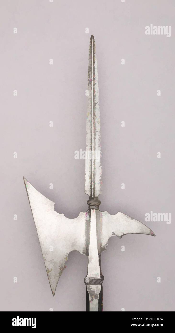 Art inspired by Halberd, 17th century, German, Steel, wood (oak), L. 88 1/2 in. (224.8 cm); L. of head 20 in. (50.8 cm); W. 10 1/2 in. (26.7 cm); Wt. 4 lbs. 15.7 oz. (2259.5 g), Shafted Weapons, Classic works modernized by Artotop with a splash of modernity. Shapes, color and value, eye-catching visual impact on art. Emotions through freedom of artworks in a contemporary way. A timeless message pursuing a wildly creative new direction. Artists turning to the digital medium and creating the Artotop NFT Stock Photo