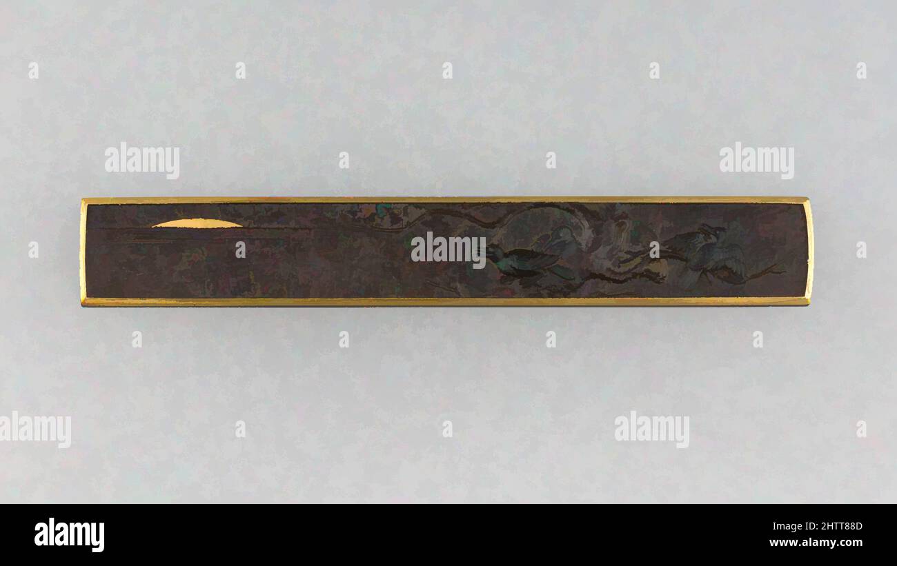 Art inspired by Knife Handle (Kozuka), first half 19th century, Japanese, Iron, gold, copper-silver alloy (shibuichi), L. 3 13/16 in. (9.7 cm); W. 9/16 in. (1.4 cm); thickness 1/4 in. (0.6 cm); Wt. 1.2 oz. (34 g), Sword Furniture-Kozuka, Classic works modernized by Artotop with a splash of modernity. Shapes, color and value, eye-catching visual impact on art. Emotions through freedom of artworks in a contemporary way. A timeless message pursuing a wildly creative new direction. Artists turning to the digital medium and creating the Artotop NFT Stock Photo
