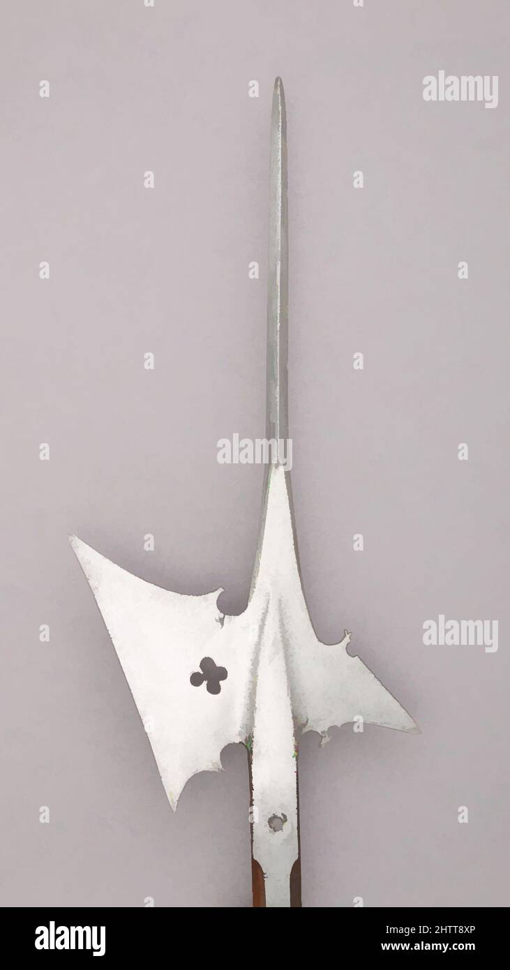 Art inspired by Halberd, early 16th century, German, Steel, wood (ash), L. 76 5/8 in. (194.7 cm); L. of head 22 in. (55.9 cm); W. 10 in. (25.4 cm); Wt. 4 lbs. 13 oz. (2180 g), Shafted Weapons, Classic works modernized by Artotop with a splash of modernity. Shapes, color and value, eye-catching visual impact on art. Emotions through freedom of artworks in a contemporary way. A timeless message pursuing a wildly creative new direction. Artists turning to the digital medium and creating the Artotop NFT Stock Photo