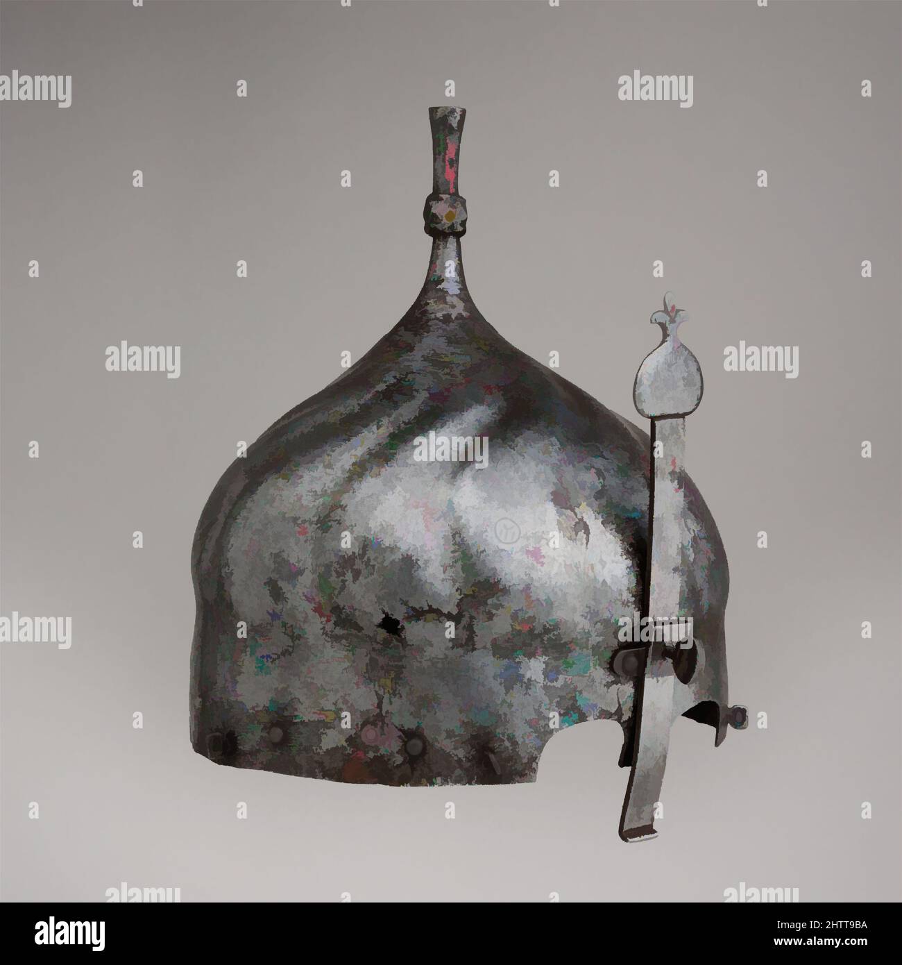 Art inspired by Helmet, 16th century, Istanbul, Turkish, Iron, H. including nasal 13 5/8 in. (34.6 cm); H. excluding nasal 9 5/8 in. (24.4 cm); W. 8 1/2 in. (21.6 cm); D. 9 1/4 in. (23.5 cm); Wt. 2 lb. 13.6 oz. (1292.7 g), Helmets, Classic works modernized by Artotop with a splash of modernity. Shapes, color and value, eye-catching visual impact on art. Emotions through freedom of artworks in a contemporary way. A timeless message pursuing a wildly creative new direction. Artists turning to the digital medium and creating the Artotop NFT Stock Photo
