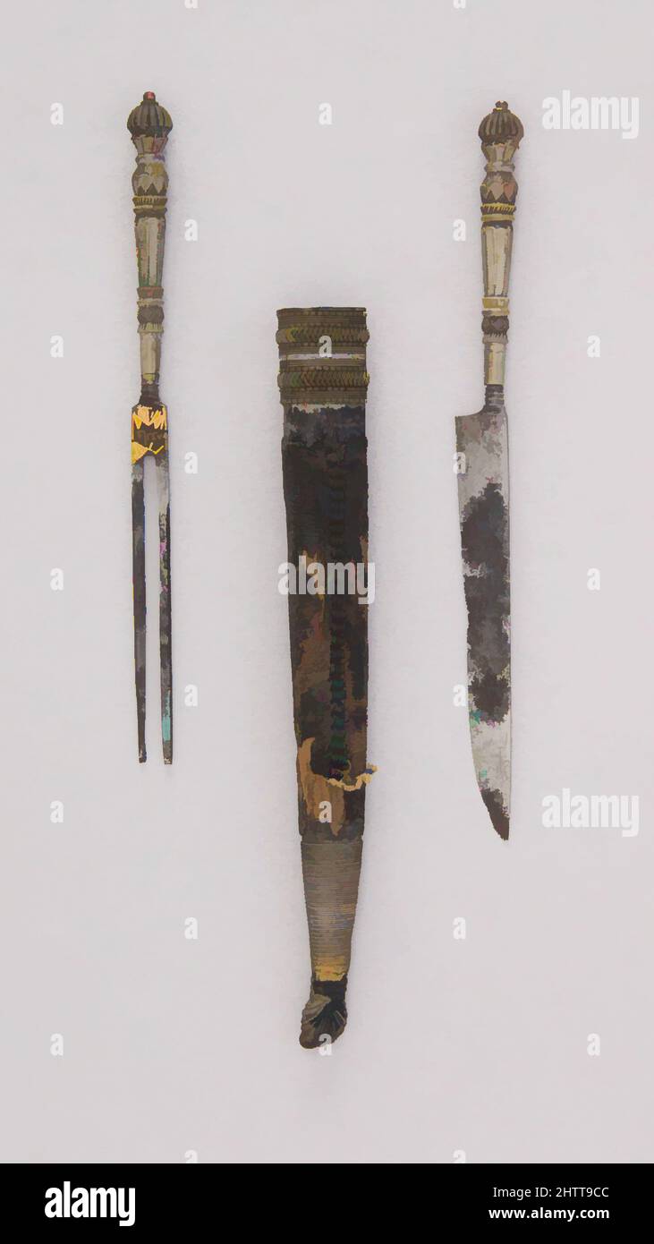 Art inspired by Knife and Fork with Sheath, 18th century, Sri Lankan, Silver, leather, steel, L. with sheath 9 1/2 in. (24.1 cm); L. without sheath 7 1/16 in. (17.9 cm); L. of blade 4 1/8 in. (10.5 cm); W. 1/2 in. (1.3 cm); D. 7/16 in. (1.1 cm); Wt. 1.2 oz. (34 g); Wt. of sheath 2.6 oz, Classic works modernized by Artotop with a splash of modernity. Shapes, color and value, eye-catching visual impact on art. Emotions through freedom of artworks in a contemporary way. A timeless message pursuing a wildly creative new direction. Artists turning to the digital medium and creating the Artotop NFT Stock Photo