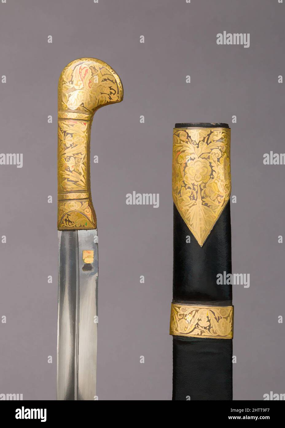 Art inspired by Sword with Sheath, 19th century, Caucasian, Steel, leather, gold, H. with scabbard 39 7/8 in. (101.3 cm); H. without scabbard 37 5/8 in. (95.6 cm); W. 2 1/2 in. (6.4 cm); Wt. 1 lb. 10.6 oz. (754.1 g); Wt. of scabbard 7.9 oz. (224 g); Wt. of strap (c); 4.2 oz. (119.1 g, Classic works modernized by Artotop with a splash of modernity. Shapes, color and value, eye-catching visual impact on art. Emotions through freedom of artworks in a contemporary way. A timeless message pursuing a wildly creative new direction. Artists turning to the digital medium and creating the Artotop NFT Stock Photo