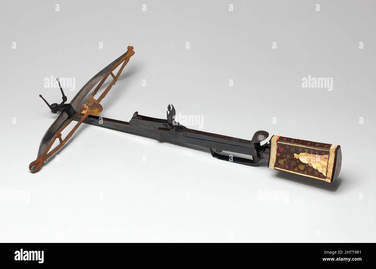 Art inspired by Pellet Crossbow, ca. 1600–1650, German, Steel, wood, staghorn, hemp, leather, L. 26 7/8 in. (68.2 cm); W. 17 3/8 in. (44.1 cm); Wt. 5 lb. 1 oz. (2,302 g), Archery Equipment-Crossbows, Classic works modernized by Artotop with a splash of modernity. Shapes, color and value, eye-catching visual impact on art. Emotions through freedom of artworks in a contemporary way. A timeless message pursuing a wildly creative new direction. Artists turning to the digital medium and creating the Artotop NFT Stock Photo