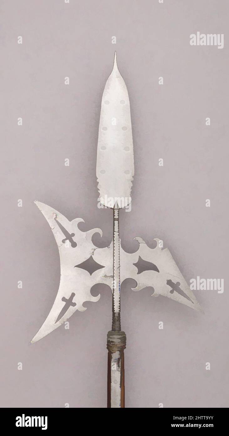 Art inspired by Halberd, ca. 1760, New Hampshire, American, Hinsdale, New Hampshire, Steel, wood, L. 88 in. (223.5 cm); L. of head 15 13/16 in. (40.2 cm); W. 9 1/4 in. (23.5 cm); Wt. 2 lbs. 13.7 oz. (1296 g), Shafted Weapons, This halberd was given to John Colby by Indians, when he was, Classic works modernized by Artotop with a splash of modernity. Shapes, color and value, eye-catching visual impact on art. Emotions through freedom of artworks in a contemporary way. A timeless message pursuing a wildly creative new direction. Artists turning to the digital medium and creating the Artotop NFT Stock Photo