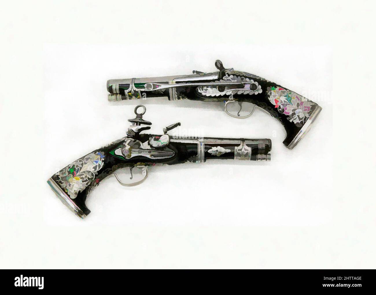 Art inspired by Pair of Miquelet Flintlock Pistols, dated 1757, Colonial Spanish, probably Mexico, Steel, wood (family leguminosae), silver, L.: 10 7/8 in. (27.5 cm); L. of barrel: 6 in. (15.2 cm);L.: 10 5/8 in. (27.2 cm); L. of barrel: 6 in. (15.2 cm), Firearms-Guns-Miquelet, Signed, Classic works modernized by Artotop with a splash of modernity. Shapes, color and value, eye-catching visual impact on art. Emotions through freedom of artworks in a contemporary way. A timeless message pursuing a wildly creative new direction. Artists turning to the digital medium and creating the Artotop NFT Stock Photo