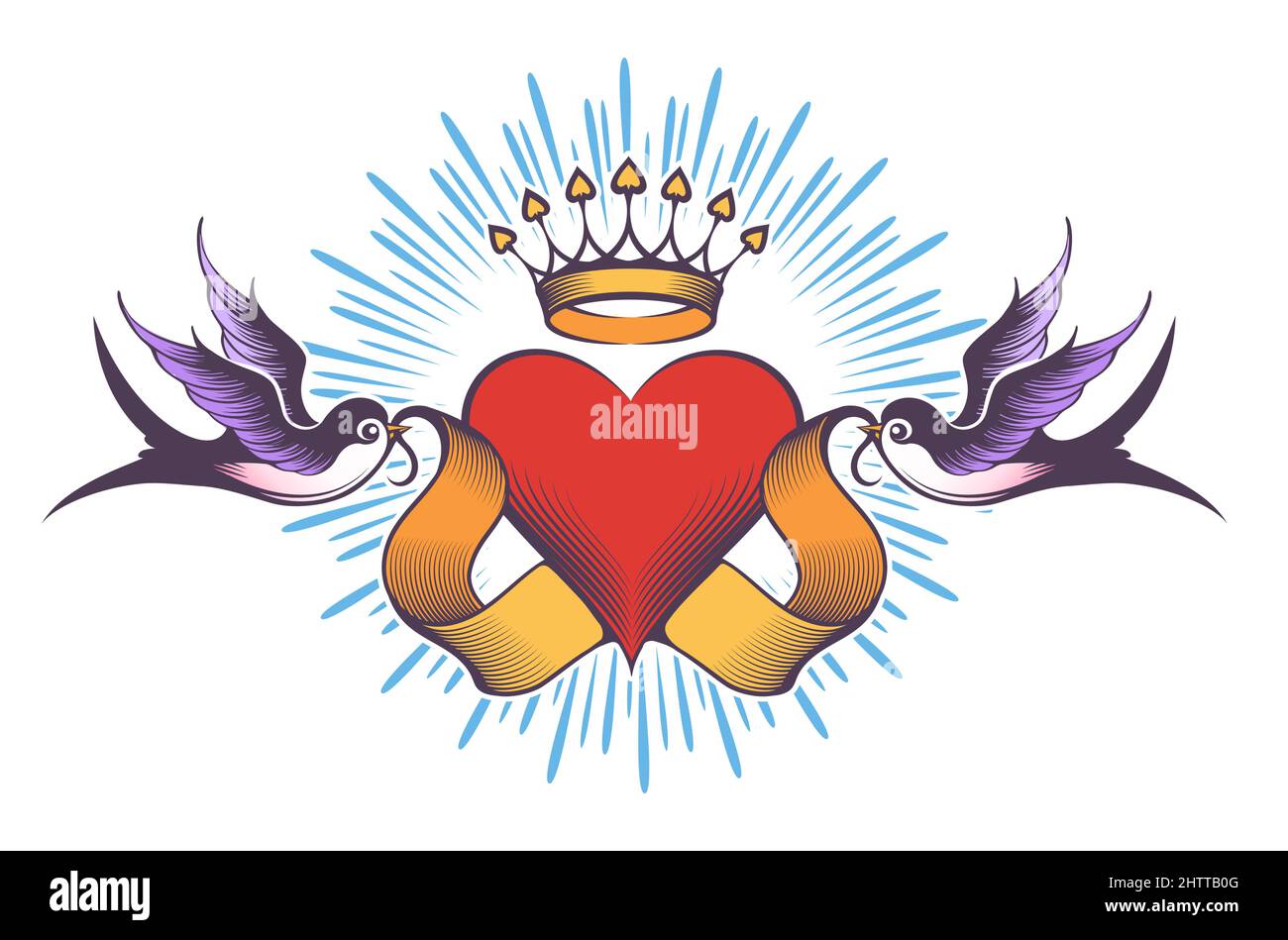 Traditional Heart tattoo set with love theme inscriptions Oldschool heart  tattoos with daggers roses ribbons and fire crown and drops of blood Ve  Stock Vector Image  Art  Alamy
