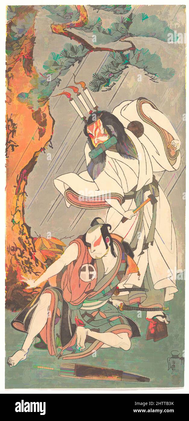 Art inspired by Kabuki Actors Ichimura Uzaemon IX as Ko-kakeyama and Ōtani Hiroji III as Kōga Saburō, 九代目市村羽左衛門・三代目大谷廣次, Edo period (1615–1868), ca. 1771, Japan, Polychrome woodblock print; ink and color on paper, 12 x 5 5/8 in. (30.5 x 14.3 cm), Prints, Katsukawa Shunshō (Japanese, Classic works modernized by Artotop with a splash of modernity. Shapes, color and value, eye-catching visual impact on art. Emotions through freedom of artworks in a contemporary way. A timeless message pursuing a wildly creative new direction. Artists turning to the digital medium and creating the Artotop NFT Stock Photo